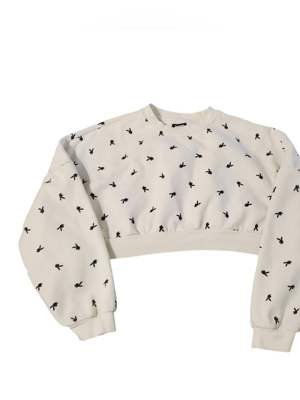 Playboy Pacsun Women's Cream All-over Bunny Logo Cropped Sweatshirt Medium